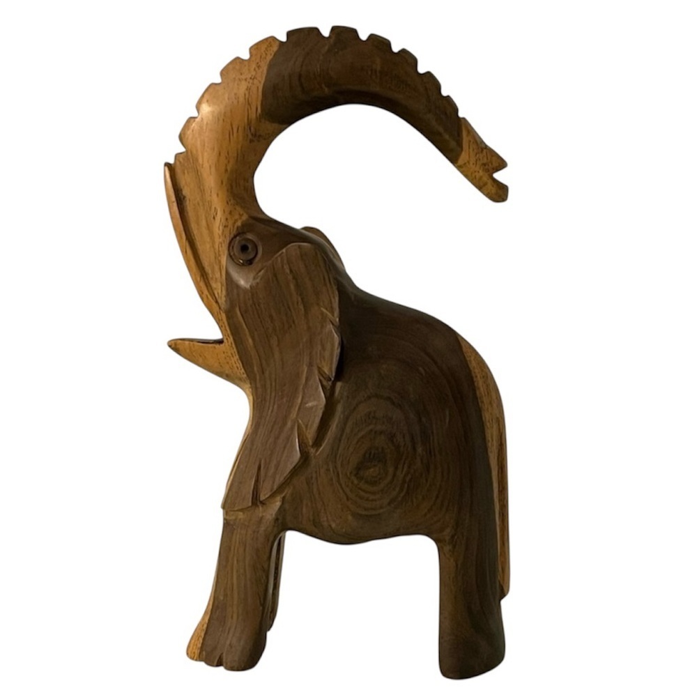 Vintage Hand Carved Wooden Elephant With Raised Trunk Good Luck Animal Figurine